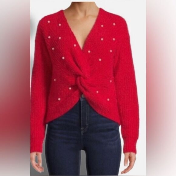 Red soft cropped twist front faux pearl V neck long sleeve sweater. Size 3-5 Jr. - Picture 2 of 6